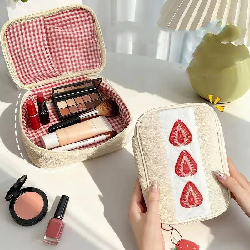 Fluffy Plush Strawberry Embroidery Makeup Storage Bag Red Plaid Lining Multi Pocket Tools Organizer Pencil Bag For Girl