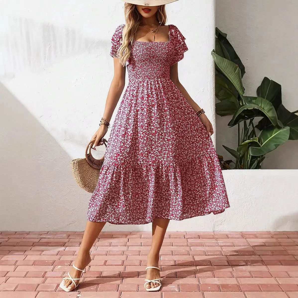 Women's Square Neck Bubble Sleeve Floral Midi Dress Long Dresses Spring Summer