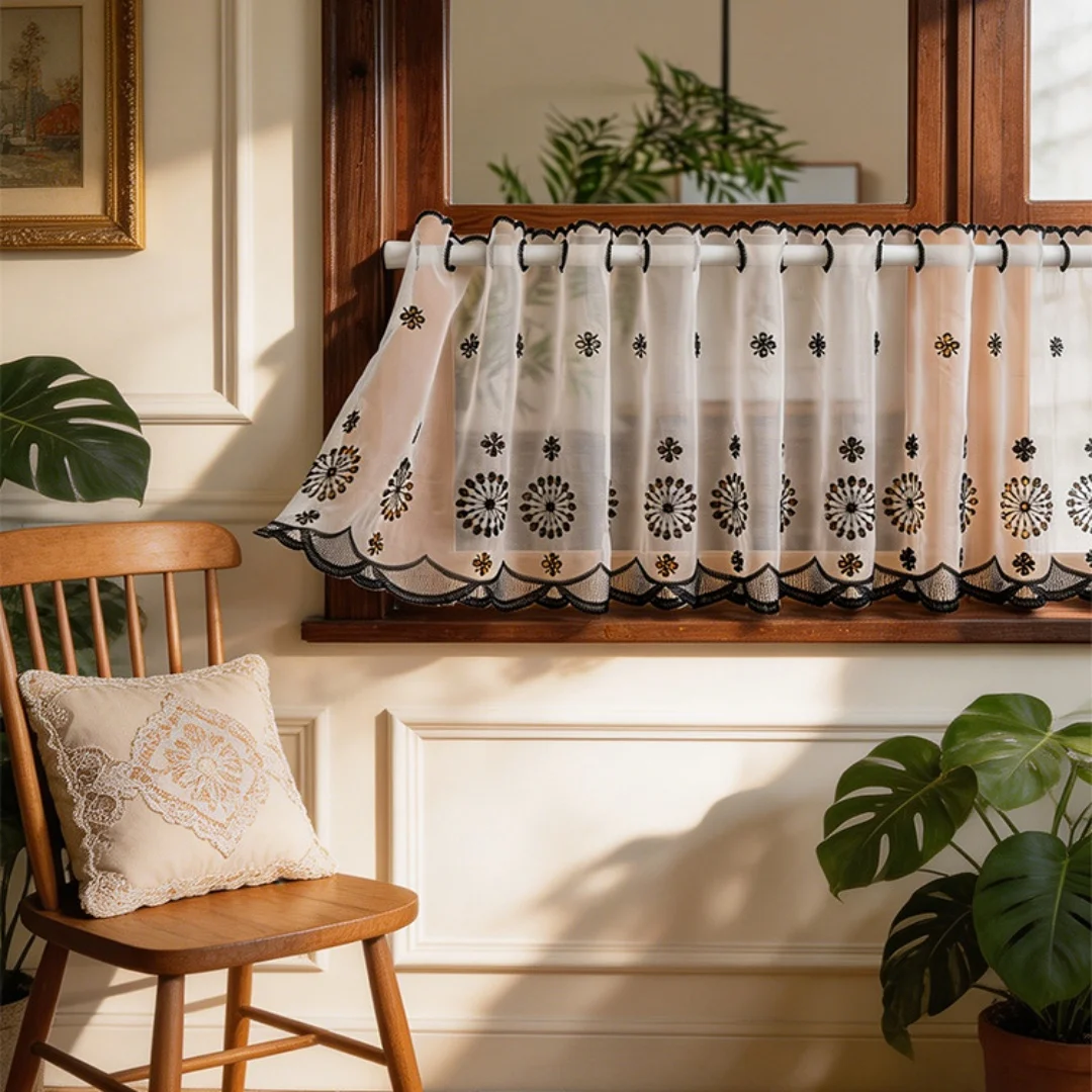 1pc American Half Curtain for Bay Window, Vintage Coffee Curtain, Semi-Sheer Printed Kitchen Curtains, Nordic Embroidered No-Dri