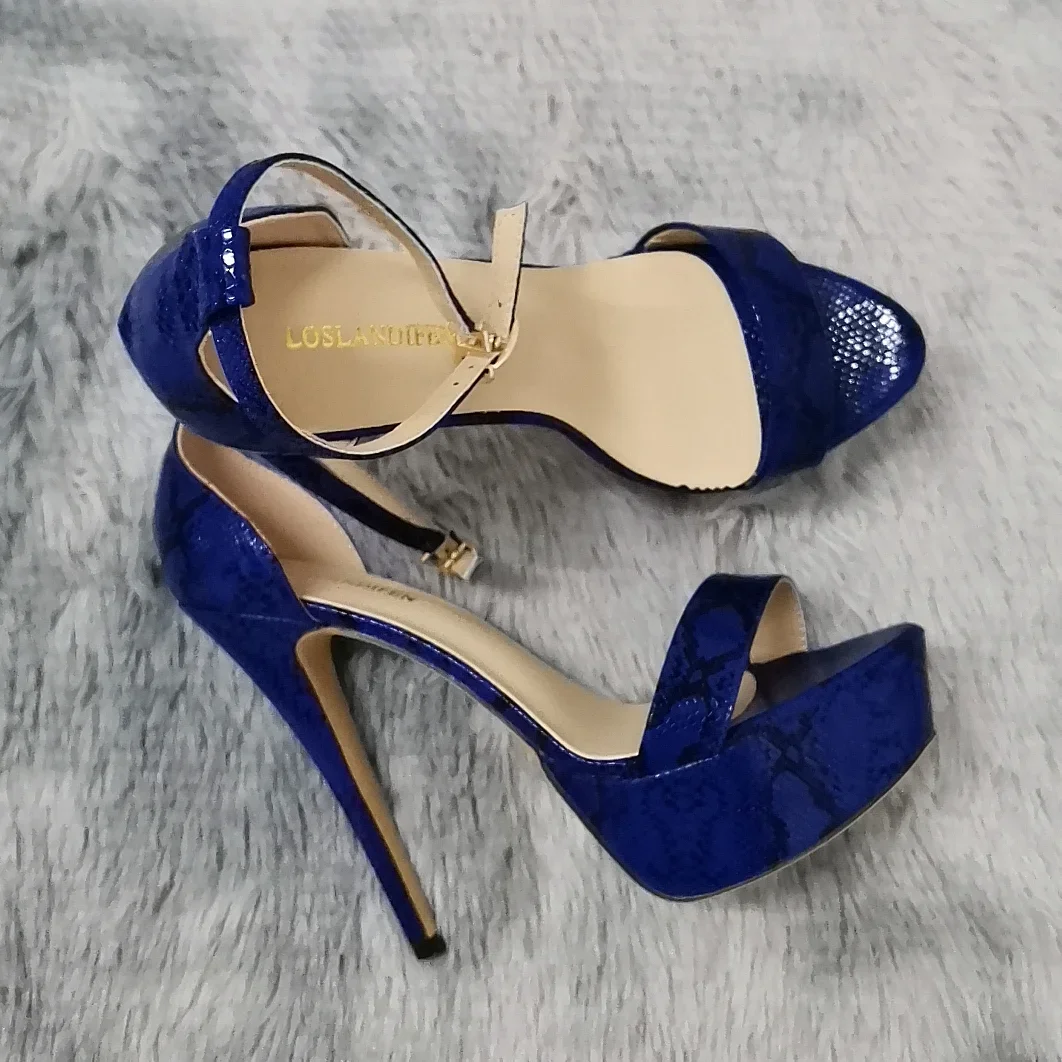 2024 New Women Sandals 14cm Supper High Heels Sexy Open Toes Buckle Strap Sandal Blue Heels Snake Pattern Platform Wedding Shoes