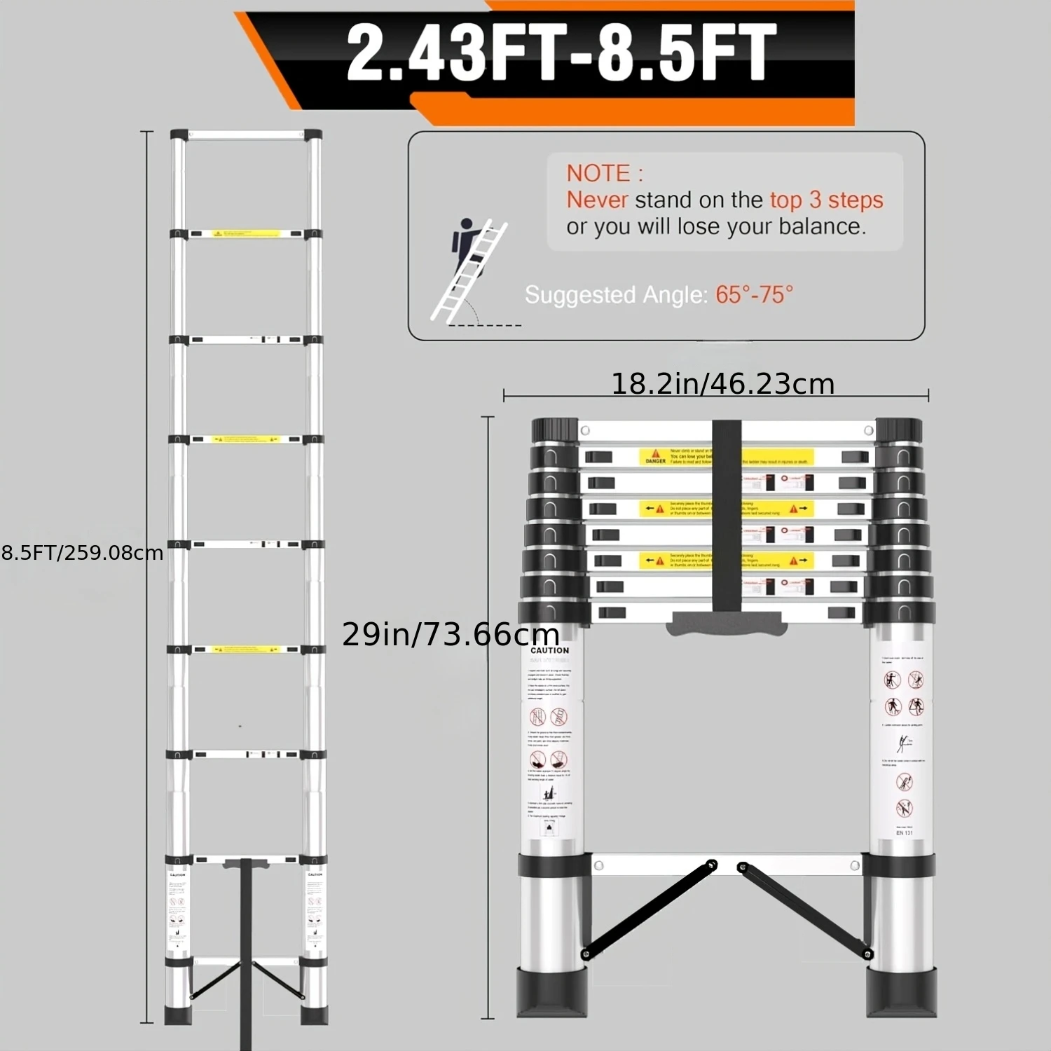 

Stainless Steel Telescoping Ladder 8.5FT/6.5FT with Non-Slip Feet, Portable Extension Ladder for Household And Outdoor Working, 400Lb Capacity, with Gloves