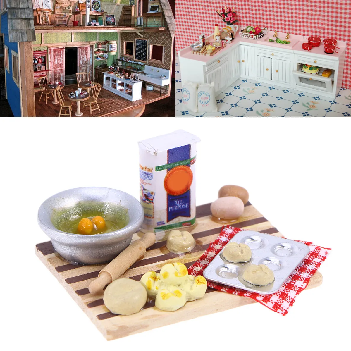 

1:12 Mini House Eggs Food Kitchen Miniature Milk Bread Two Eggs Bottle Milk Rolling Pin Bread on Board Mini Furniture Pastry