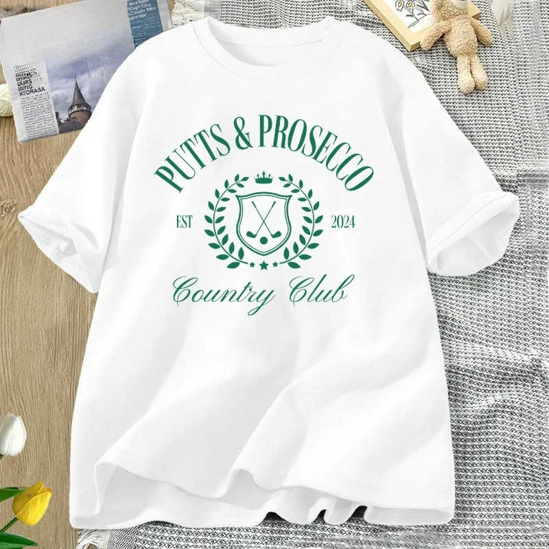 Camiseta Putts and Prosecco Country Club, camiseta para viaje de golf, camiseta para despedida de soltera, camisetas informales con cuello redondo y estampado