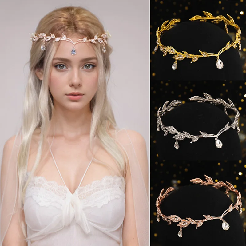 Fashionable and Luxurious Elf Crown Bridal Crystal Rhinestone Waterdrop Leaf Hair Accessories Romantic Head Accessories forWomen