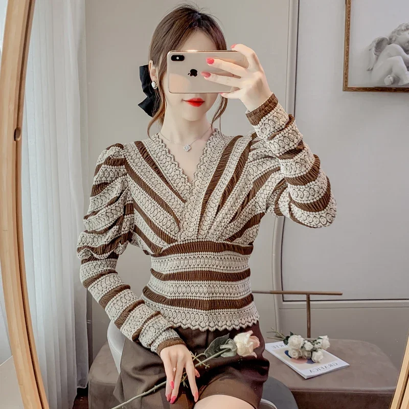 Vintage French Women Stripe Shirts Lace Lolita Elegant Long Sleeve Flounce Blouse Office Lady New Fashion Chic Female Tops 2024