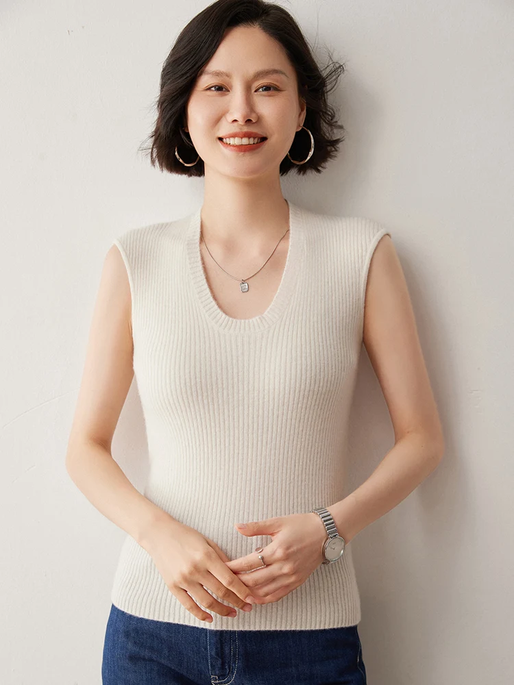 

Женский жилет из 100% кашемира с U-образным вырезом, без рукавов, пуловер, весна-осень, элегантный, из чистого кашемира, вязаный, удобный топ