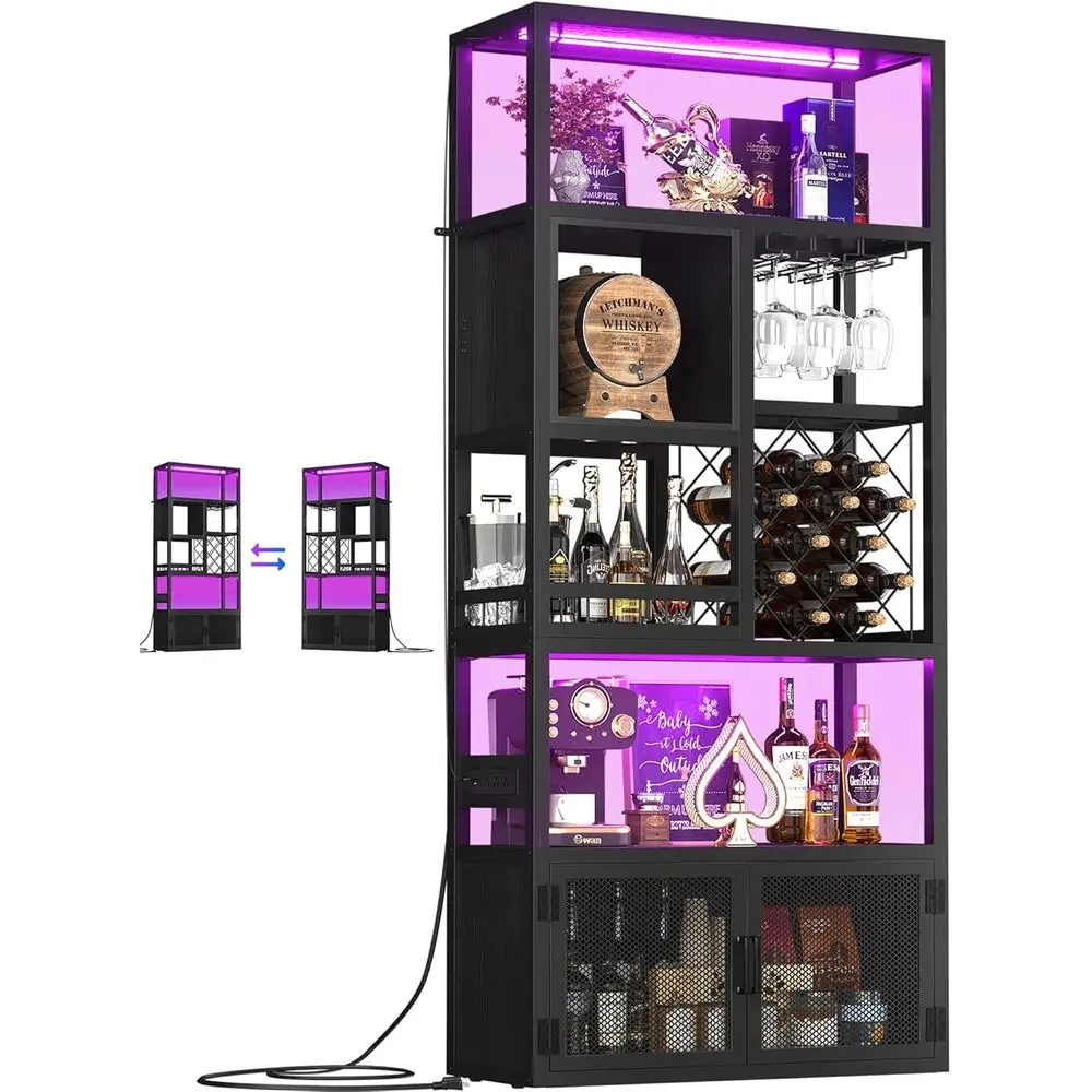 

Высокий барный шкаф с розетками, 6-ярусный двусторонний винный шкаф со светодиодной подсветкой, стеклянным держателем и винной полкой, хранилище для спиртных напитков C