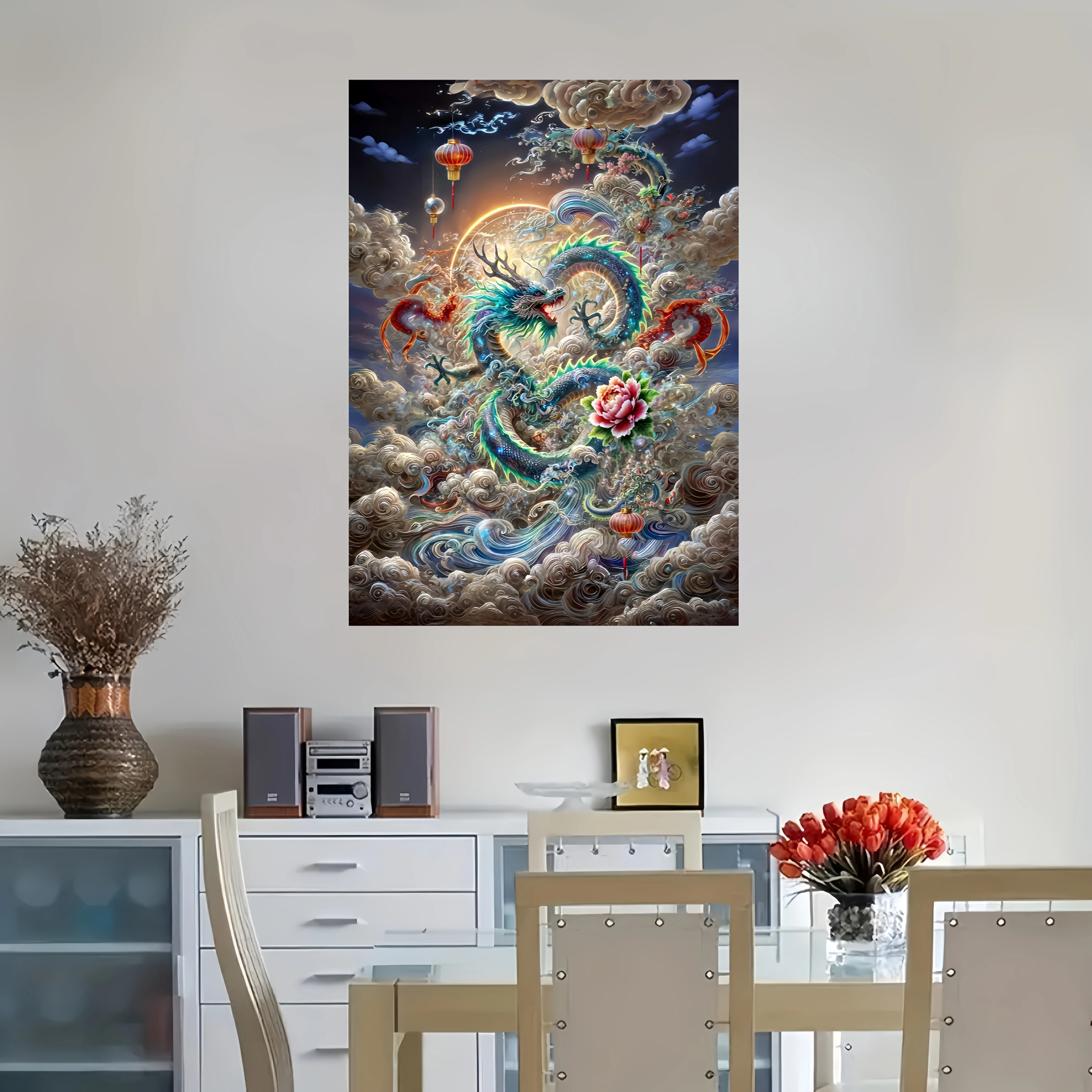 Puzzle 1000 elementów Smok i Kwiaty z podstawką i wielokolorowymi elementami - Trudna łamigłówka dla dorosłych i rodzin.