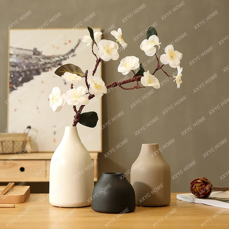 Ornament Handmade Flower Arrangement Decoration Black and White Ceramic Vase Three-Piece Cherry Blossom Set