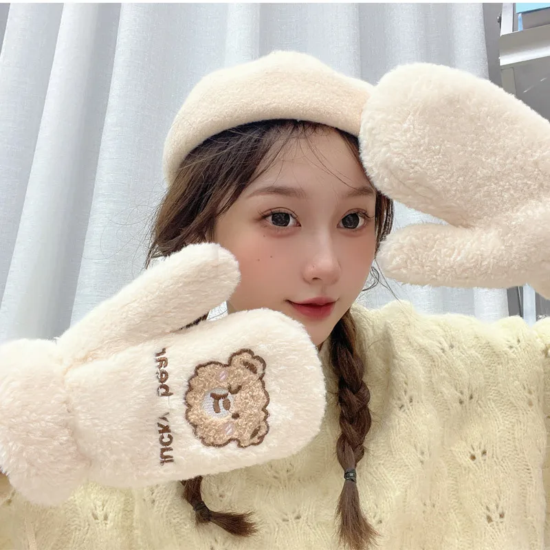 قفازات الدب الشتوية النسائية اللطيفة على الطراز الكوري، مبطنة بالصوف، قفازات سميكة كاملة الأصابع لركوب الدراجات للدفء والحماية #2