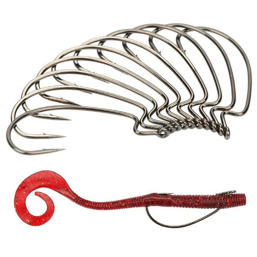 50 Stück Angelhaken aus Kohlenstoffstahl, breiter Hakenkopf, Widerhaken, weicher Wurmköder, Angelzubehör – Detail 5