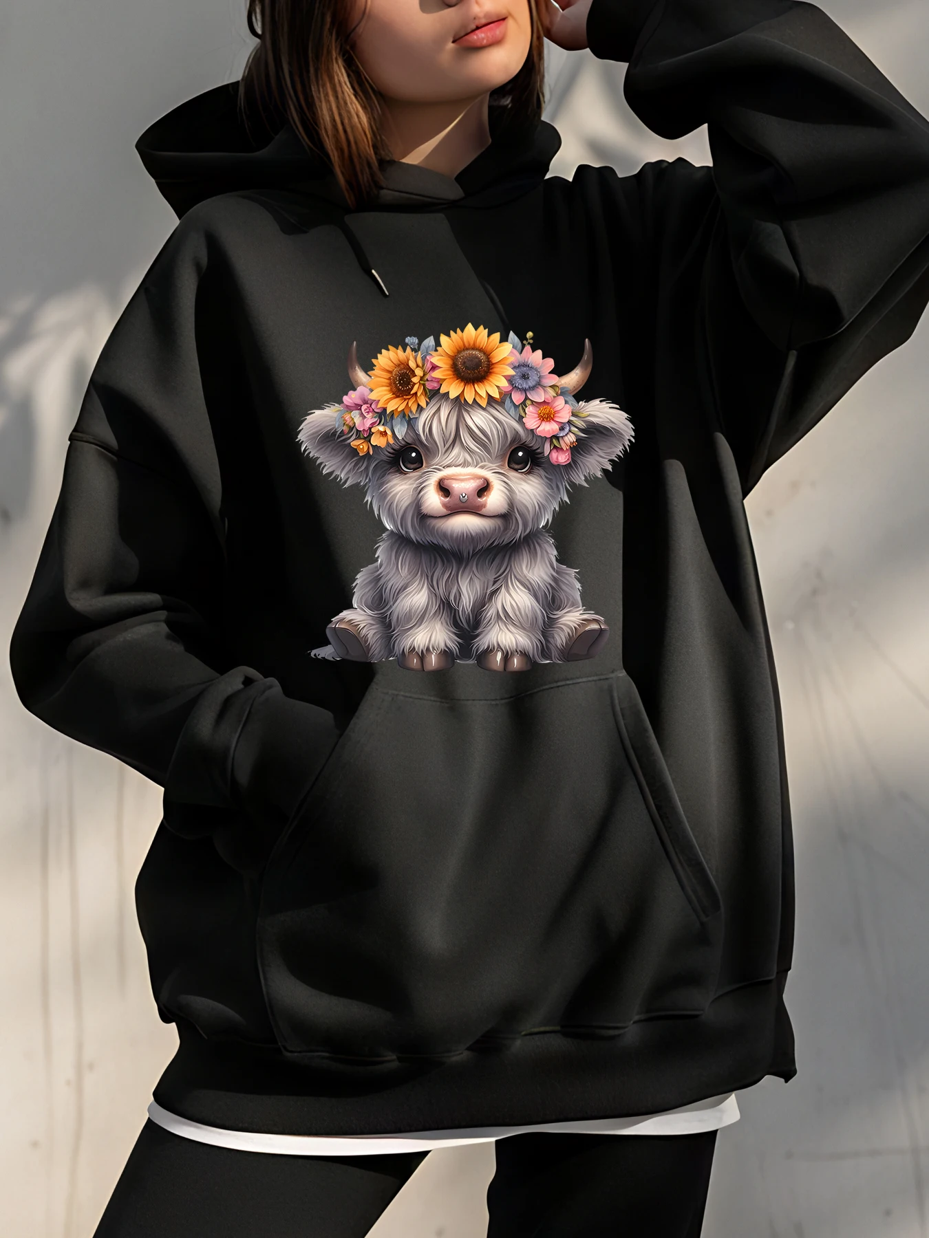 

Милая толстовка с капюшоном в виде коровы и цветочной коровы, женская черная толстовка, повседневная уличная одежда, пуловер с графическим принтом, осенне-зимний наряд, женский
