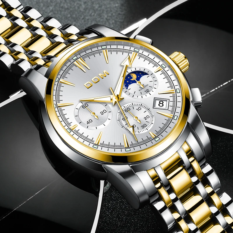 Dom 7508นาฬิกาควอทซ์ผู้ชายนาฬิกาเป็นทางการสุดหรูสีเงินกันน้ำนาฬิกาข้อมือสำหรับผู้ชายลายดวงดาวบนท้องฟ้า