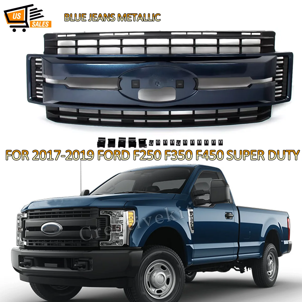 Front Upper Racing Grilles For 2017-2019 Ford F Series F-250 F-350 F450 Super Duty Bumper Grill Blue Jeans Metallic SAIQINGSP