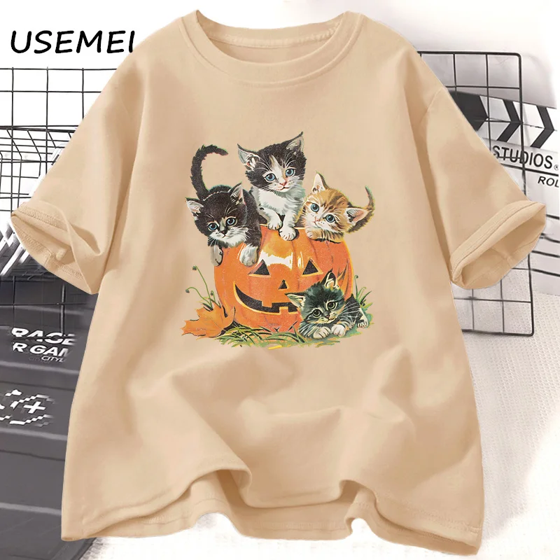 

Vintage 90s Cat Halloween T Shirt Spooky Season Tee Pumpkin Graphic T Shirts Women Men Fall Autumn Cotton Short Sleeve Tees