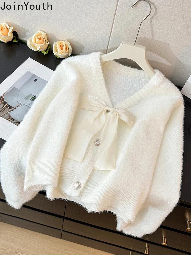 Pink Knitted Sweater Jackets Women Clothing Sueter Mujer V-neck Bow Sweet Pull Femme Fashion Korean Cropped Cardigan Tops 27z085