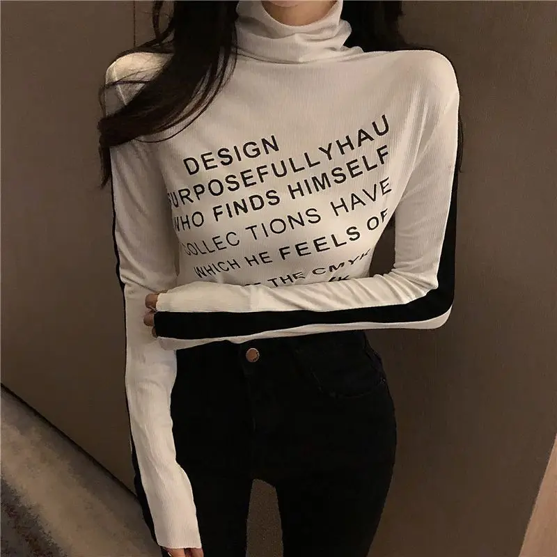 Print Turtleneck Long Sleeve T-shirts for Women Elegant Skinny Autumn Tops Ropa Mujer Sexy Harajuku Korean Fashion Retro Females