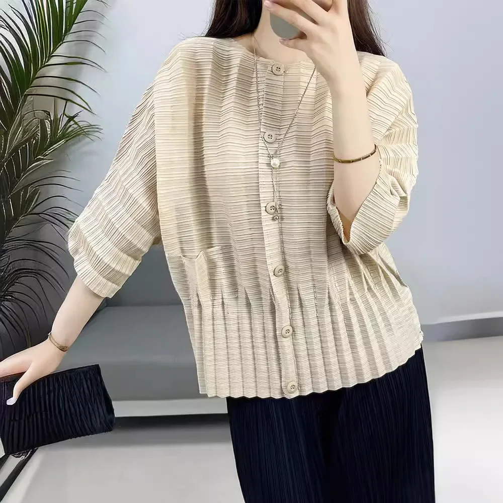 

2024 Summer New Pleated Casual Miyake Three-quarter Sleeve Shirt Tops Women's Slimming High-end Women's Cardigan