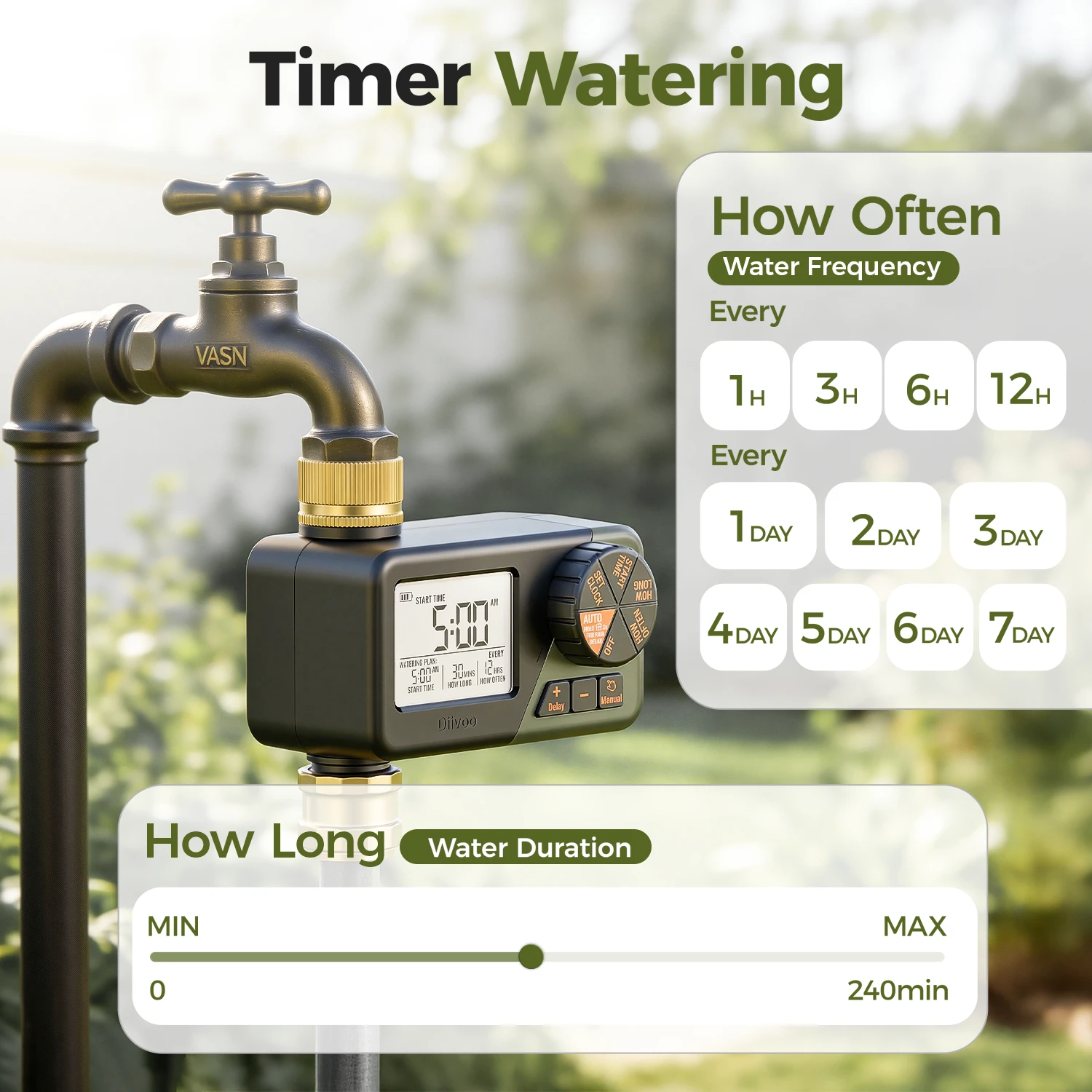 Diivoo Water Timer with Brass Inlet & Outlet Garden Programmable Automatic Irrigation Hose Timer with Rain Delay Manual Watering