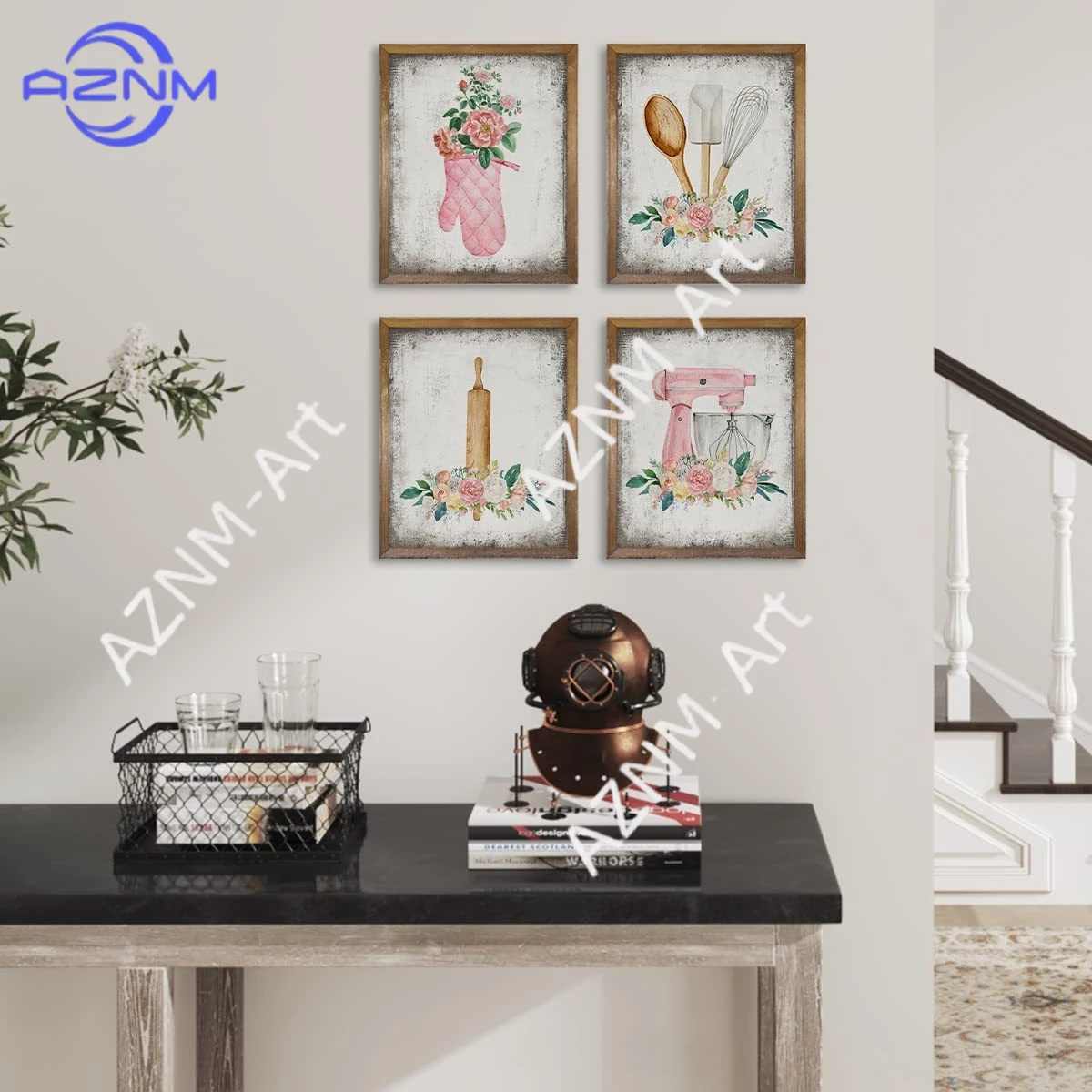 1/4 Stück, heiß begehrtes warmrosa Küchengeschirr, Küchenutensilien, Blumenmotiv, Esszimmer, rahmenloses Bild