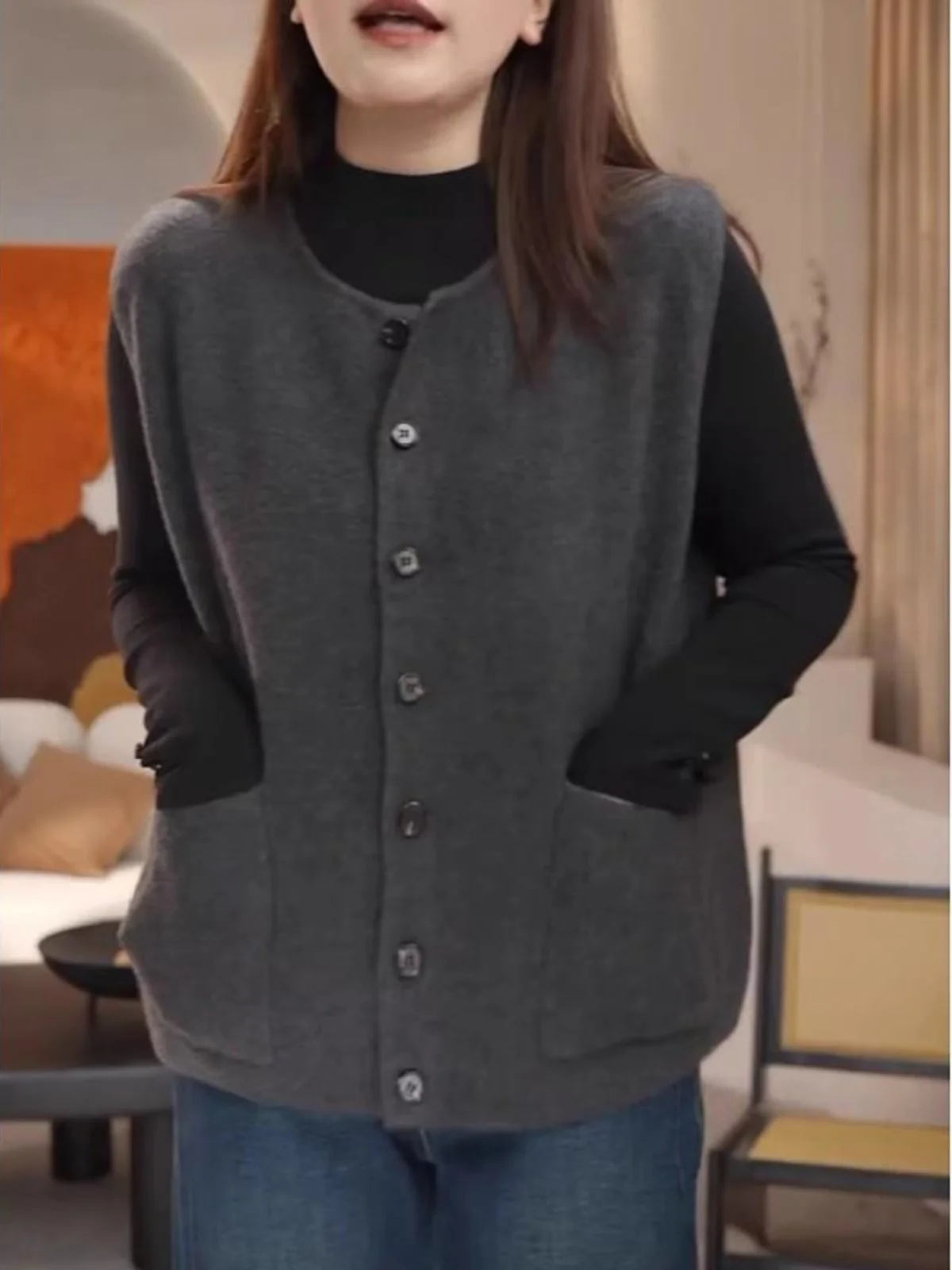 

plus Size round Ne Knitted Vest Women's Spring Faion Simple Layering Sweater Vest Top Pure Color Button up Commute Sle