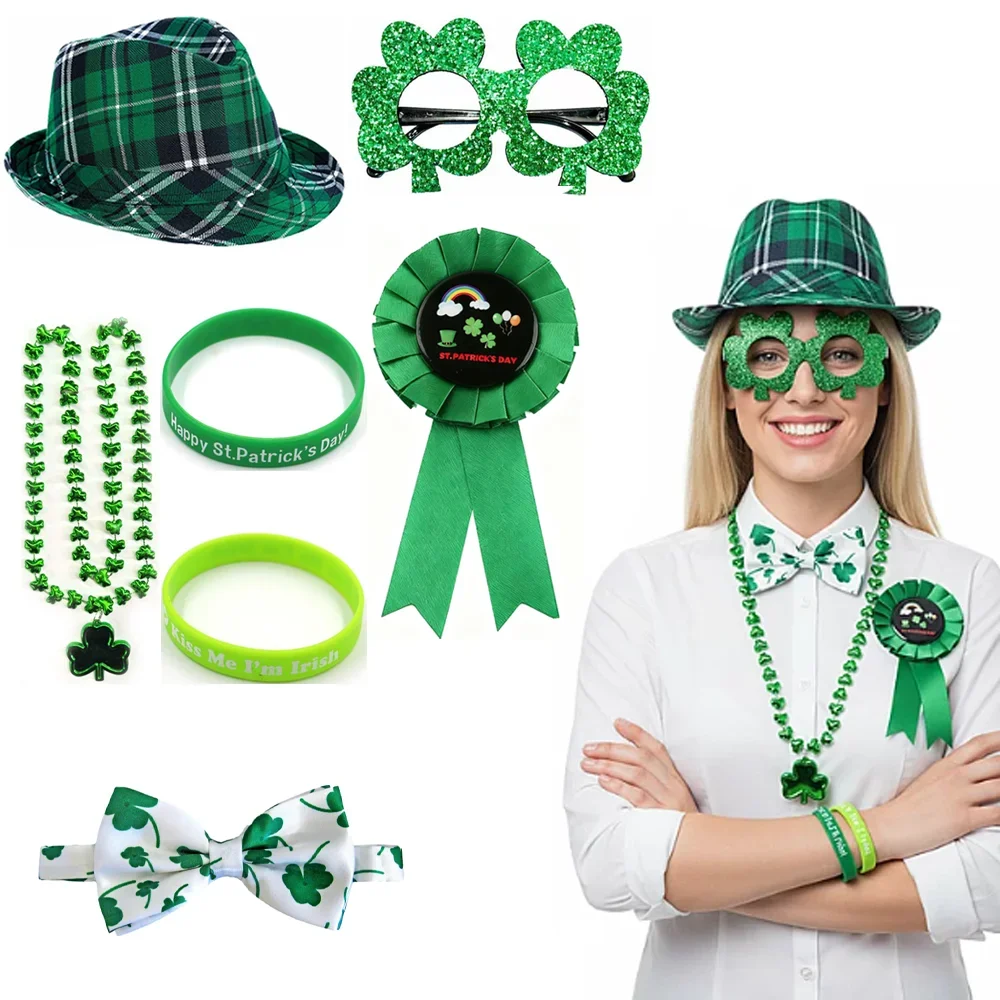 Accesorios del Día de San Patricio: gorros blandos, corbatas, collares de gafas, insignias, patrones de pegatinas, etc., aptos para trajes de fiesta.