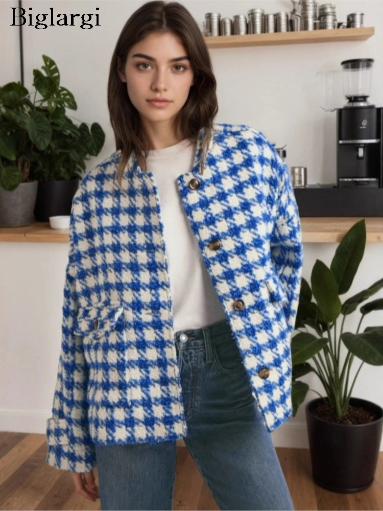 

Autumn Winter Houndstooth Plaid Coat Women Elegant Fashion Long Sleeve Ladies Jackets Loose Korean Style Woman Coats