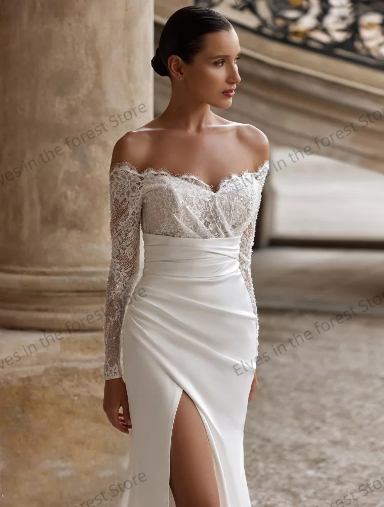 Elegante abito da sposa a sirena per donna con spalle scoperte e maniche lunghe in pizzo, abito da sposa personalizzato con spacco alto, abiti da sposa