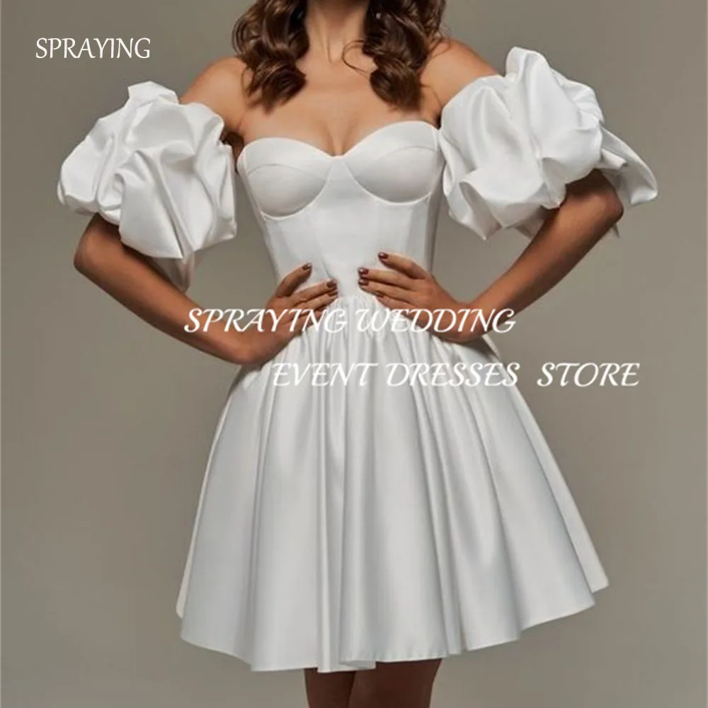 

SPRAYING Simple Mini Satin Bridal Gowns Sweetheart puff sleeves Prom Dress Short A-line Pleat Formal Dinner Dresses Corset Back