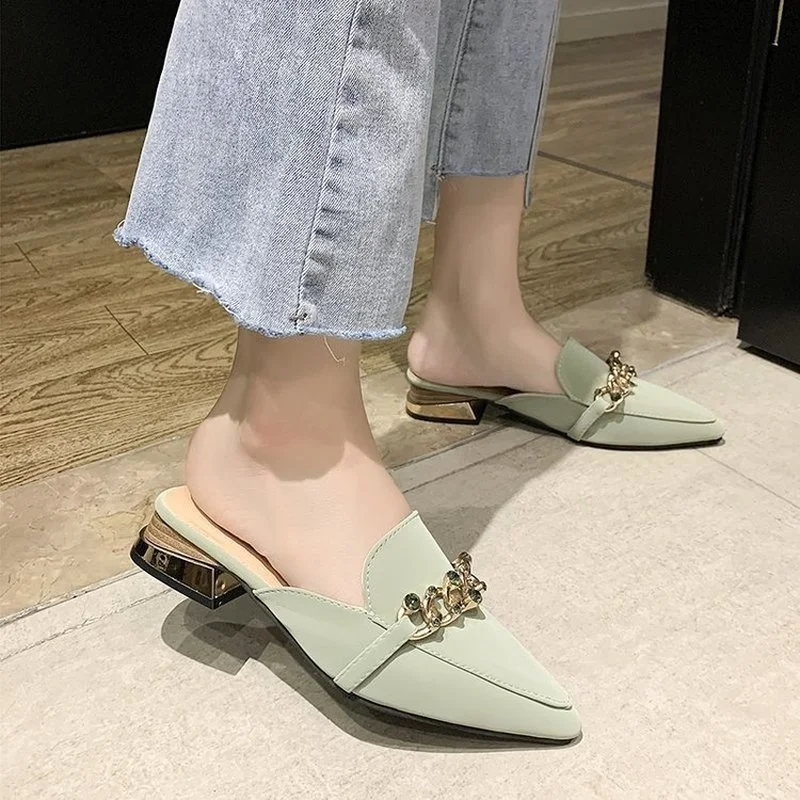 Maogu Luxury Slides Square Toe Ladies Shoes Summer Fashion Footwear Square Low Heels Shoe Slides Slippers Women 2023 Chain Mules