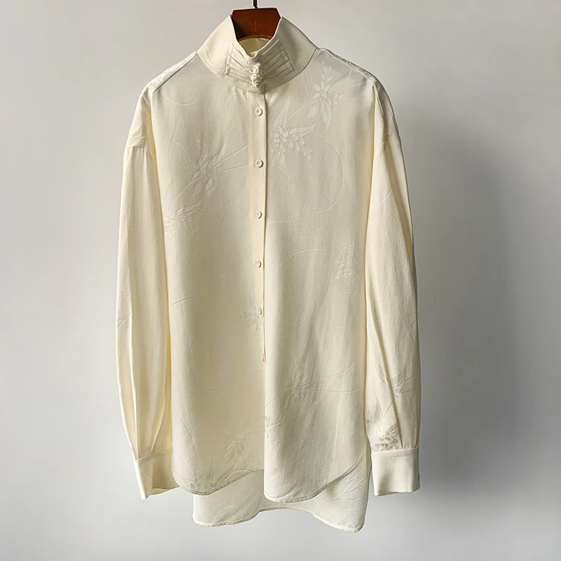 Off white jacquard shirt women's button up stand collar loose shoulder sleeves long sleeved temperament top