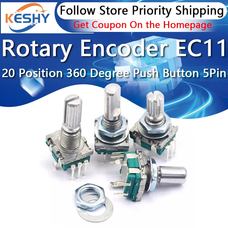 20 Position 360 Degree Rotary Encoder EC11 w Push Button 5Pin Handle Long 15/20MM With A Built In Push Button Switch