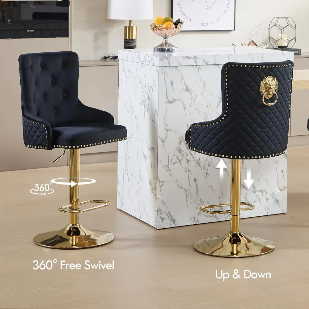 Zestaw 2 złotych stołków barowych, obrotowe stołki barowe z aksamitu z uchwytem w kształcie lwa, tapicerowane stołki barowe o wysokości blatu z wysokim, pikowanym oparciem.