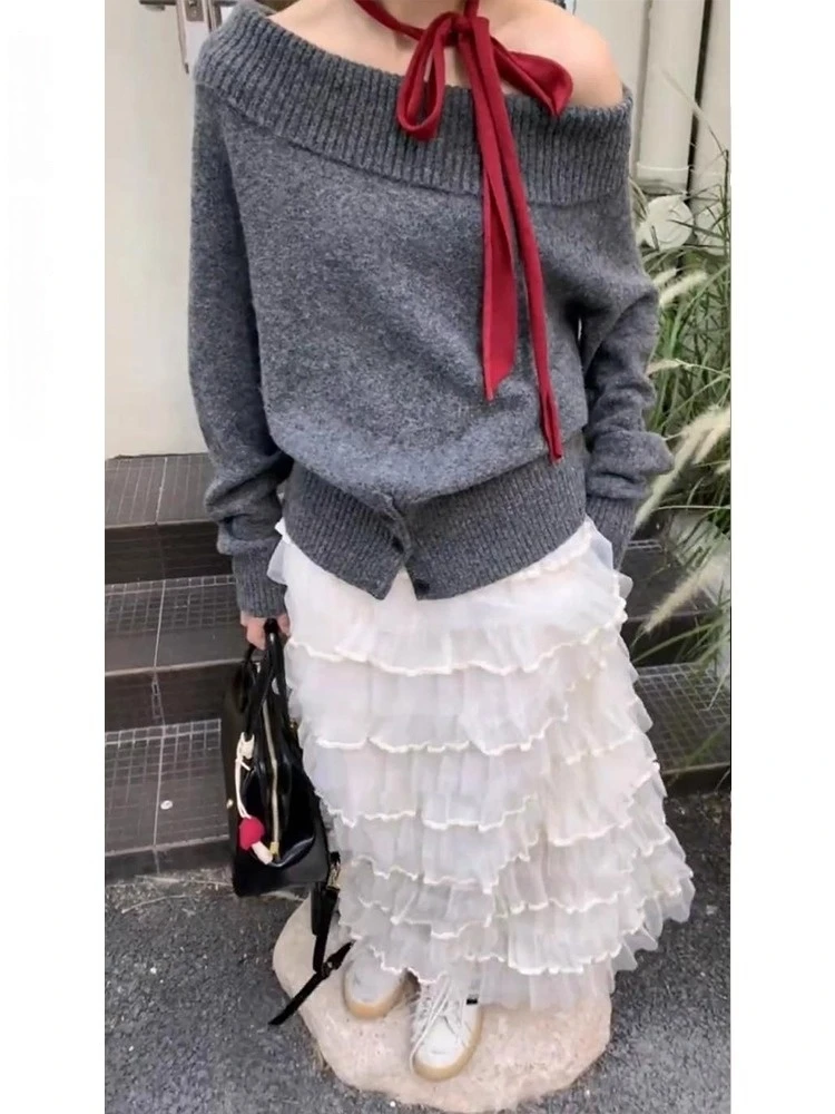 

Casual Loose Feel Set Women's ey Diagonal oulder Long Sve Knitted Top High Waist Puffy Cake Skirt Two Piece Set