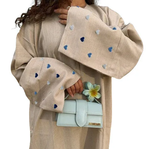 Nowe modne ubrania haftowane sercem damskie lniane arabskie abaje z długim rękawem wzory haftu abaje muzułmańskie