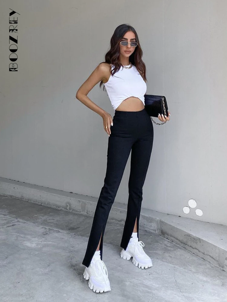 BoozRey Elegant Women Sexy Pants High Waist Black Split Slim Office Ladies Casual Trouser 2022 Solid Flare Streetwear Slit Pant