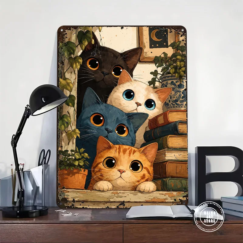 Four Adorable Cats Peeking Out 3D Texture Metal Poster Customized Wall Art Tin Sign Gift for Mancave Home Decoration Luxury Room
