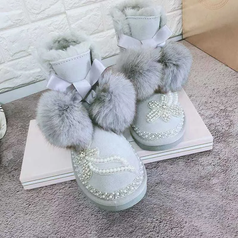 Handmade pearl rhindiamond accessories Banquet party Wedding Fur One Snow boots Fox Hairball strap mid-calf boots 35-40