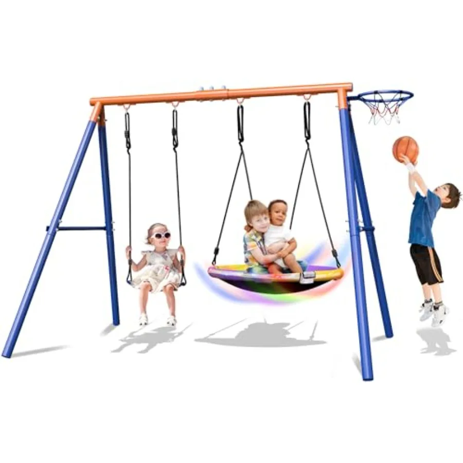 

Уличный игровой комплекс 4-в-1 с А-образным металлическим каркасом для двора: 32-дюймовые качели-тарелки, ременные качели, баскетбольное кольцо, светодиодная подсветка, анкер