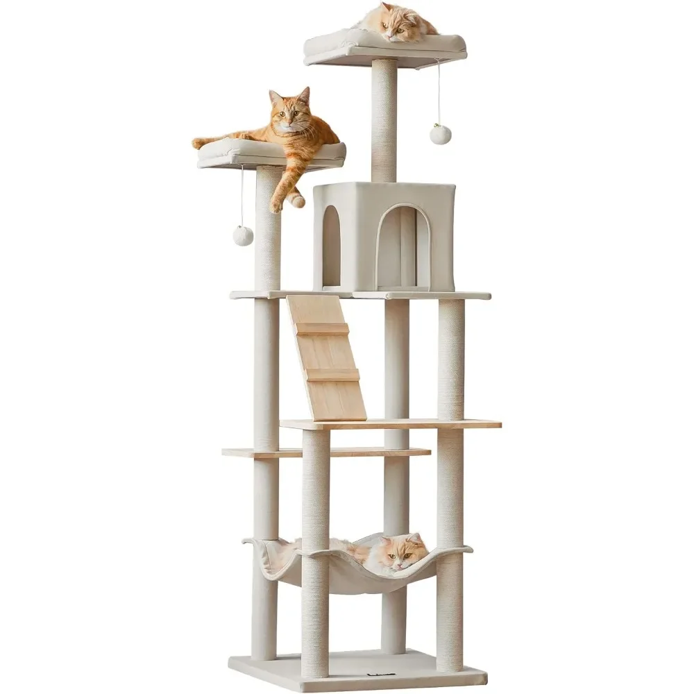 

MWPO Large Modern Cat Tree, 70.1-Inch Wood Cat Tower for Indoor Cats, Multi-Level Tall Cat Condo with 2 Padded Perches, Hammock,