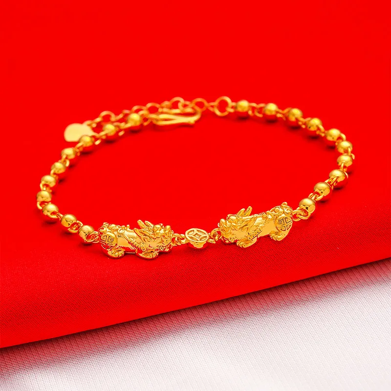 Women's Retro Copper Coin Small Gold Bracelet Vietnam Placer Gold Pure Copper Gilt Pixiu Bracelet One piece dropshipping