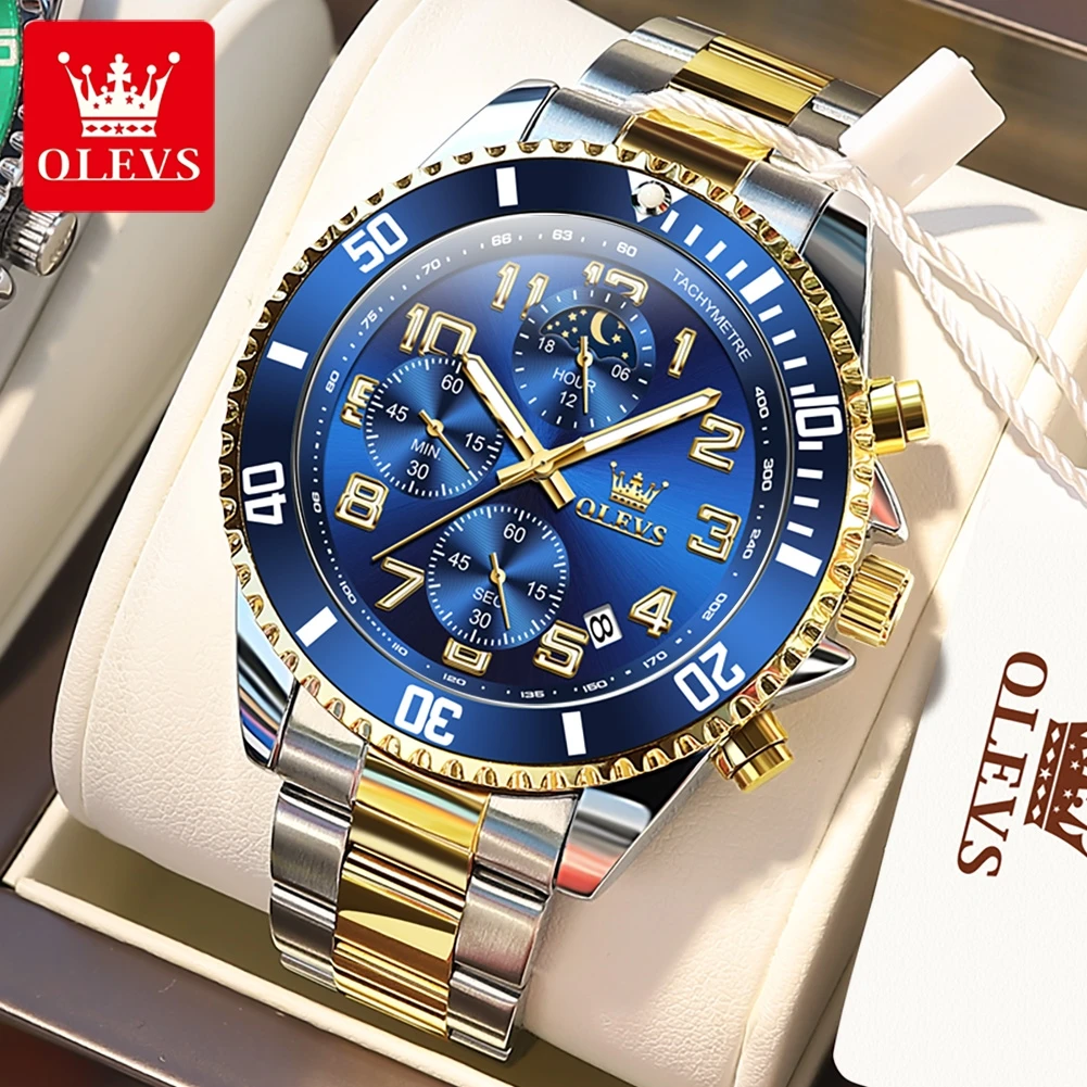 OLEVS 2926 reloj para hombre, marca de lujo, reloj de cuarzo dorado, nuevo tres esferas pequeñas, resistente al agua, reloj con código de sincronización de fase lunar, reloj deportivo para hombre