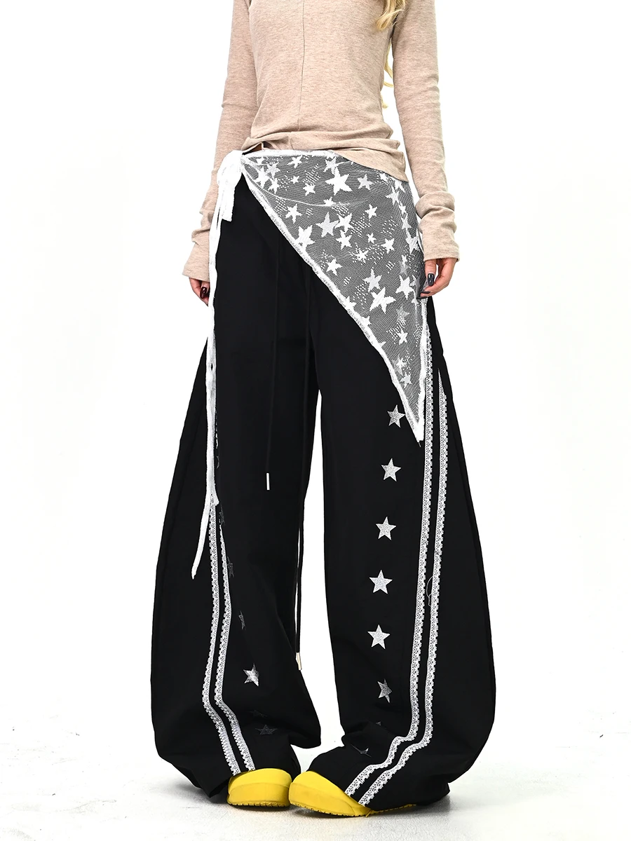 

Свободные брюки-палаццо с кружевной отделкой на ягодицах, женские, весна 2026, новинка, в пол, в корейском уличном стиле, модные, широкие штанины