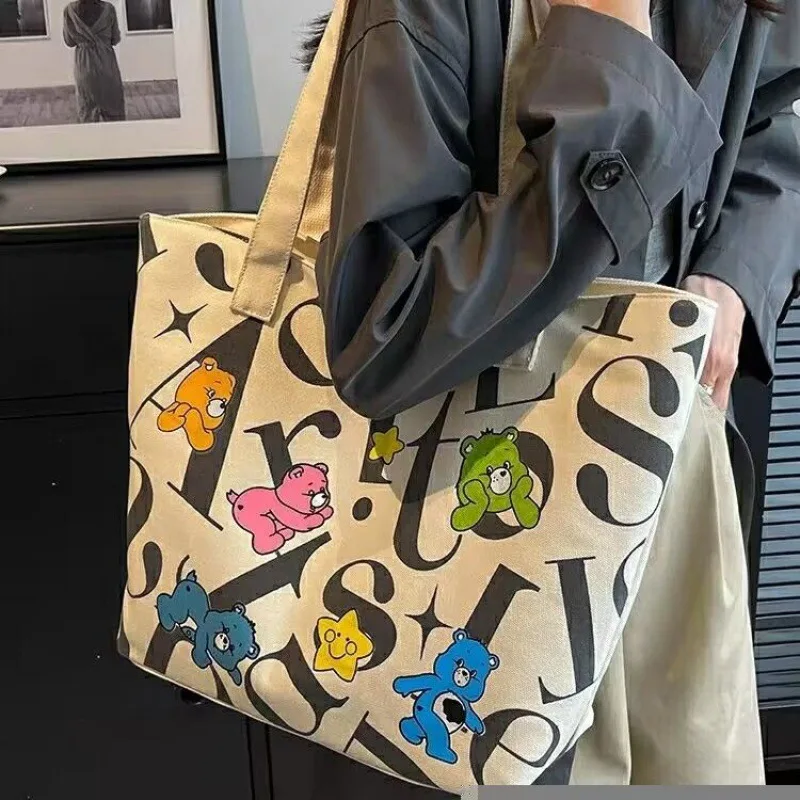 Bolsa de ombro de lona feminina, bolsa de grande capacidade, múmia impressa que tudo corresponde, bolsa de compras portátil para estudante