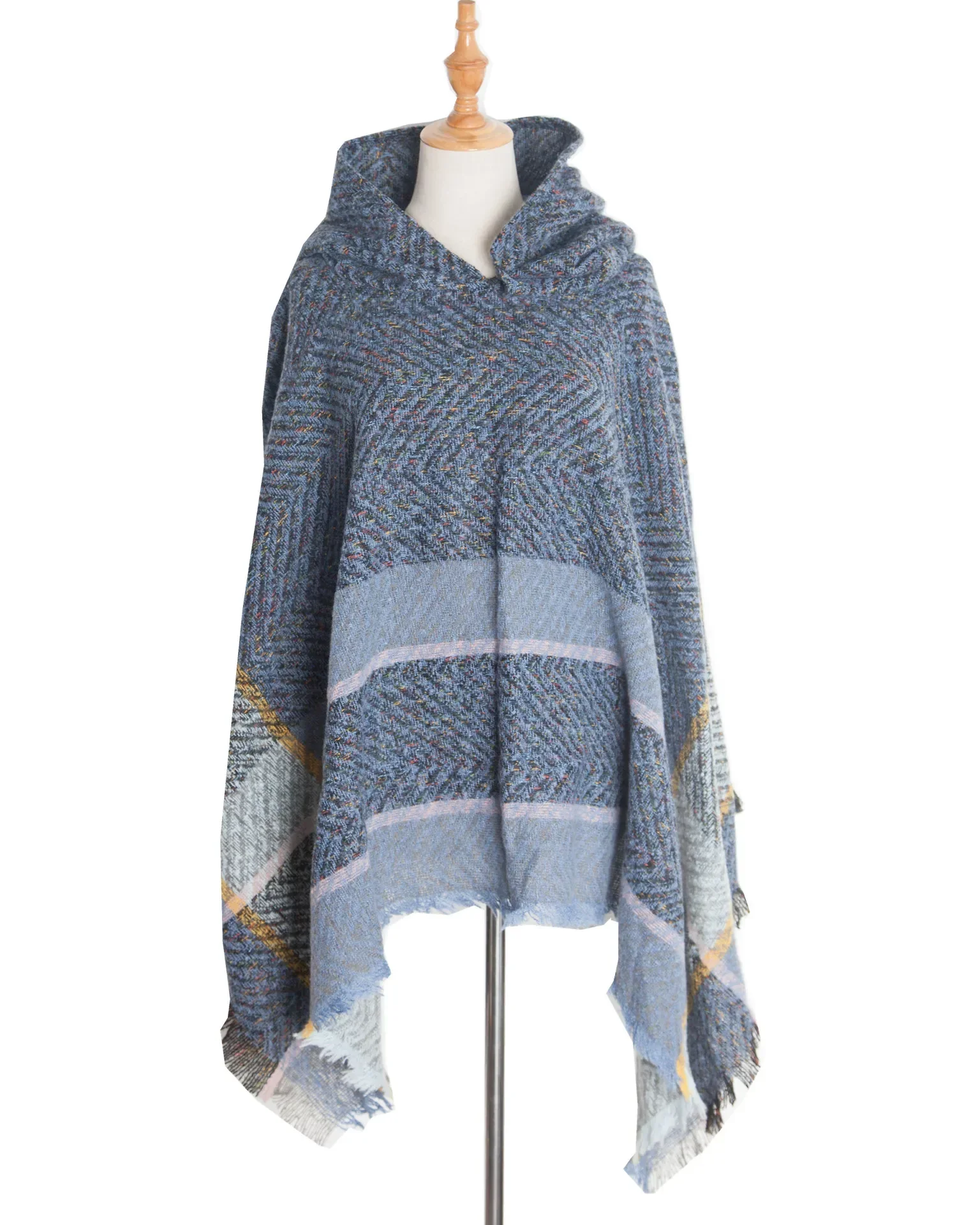 

New Autumn Winter Fishbone Pattern Women's Hooded Cape Pullover Cape Women Poncho Lady Capes Blue Cloaks