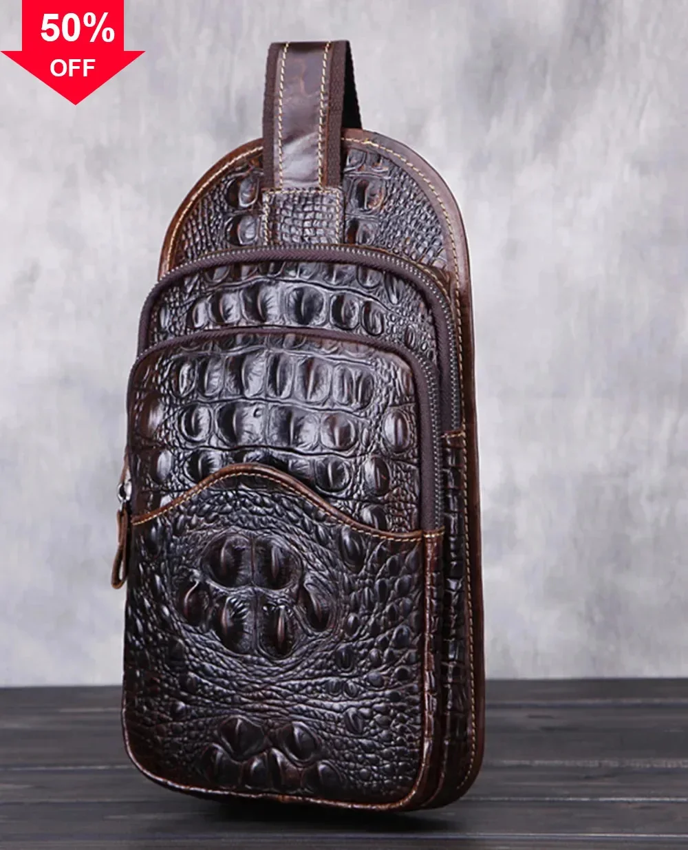 الرجال جلد طبيعي الكتف الصدر حقيبة ظهر السفر التمساح نمط الفاخرة الذكور جلد البقر الحقيقي حقيبة ظهر ذات حمالة عبر الجسم أكياس