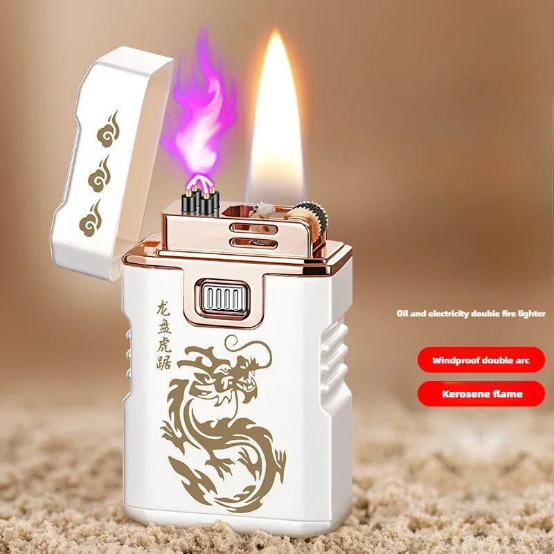 New Electroplated Oil and Electric Lighter, Grinding Wheel Kerosene Double Arc Pulse Cigarette Lighter, High-end Gifts for Men