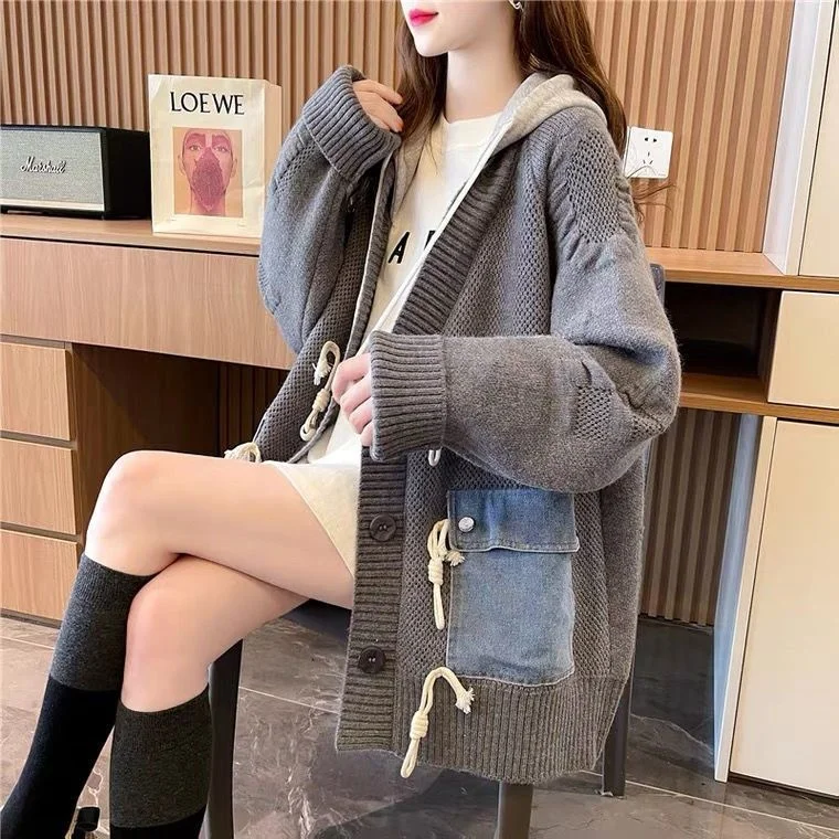 Women autumn Winter Sweater Cardigans Long Pockets Patchwork Knitted Jackets Button Up Hooded Sweater Jackets Warm Thick Sweater