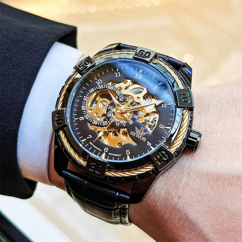 ساعة ميكانيكية أوتوماتيكية للرجال على الطراز الأوروبي والأمريكي والياباني والكوري هيكل عظمي توربيون، مع ميزات مضيئة، تصميم هيكل عظمي، ساعة رجال اجتماعية عصرية فاخرة للأعمال، أفضل هدية له