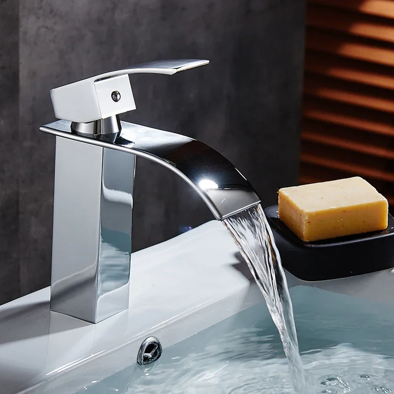 

Bathroom Waterfall Basin Sink Faucet Square Vanity Vessel Sink Faucet Single Handle Deck Mounted Cold Hot Water Mixer Tap Crane